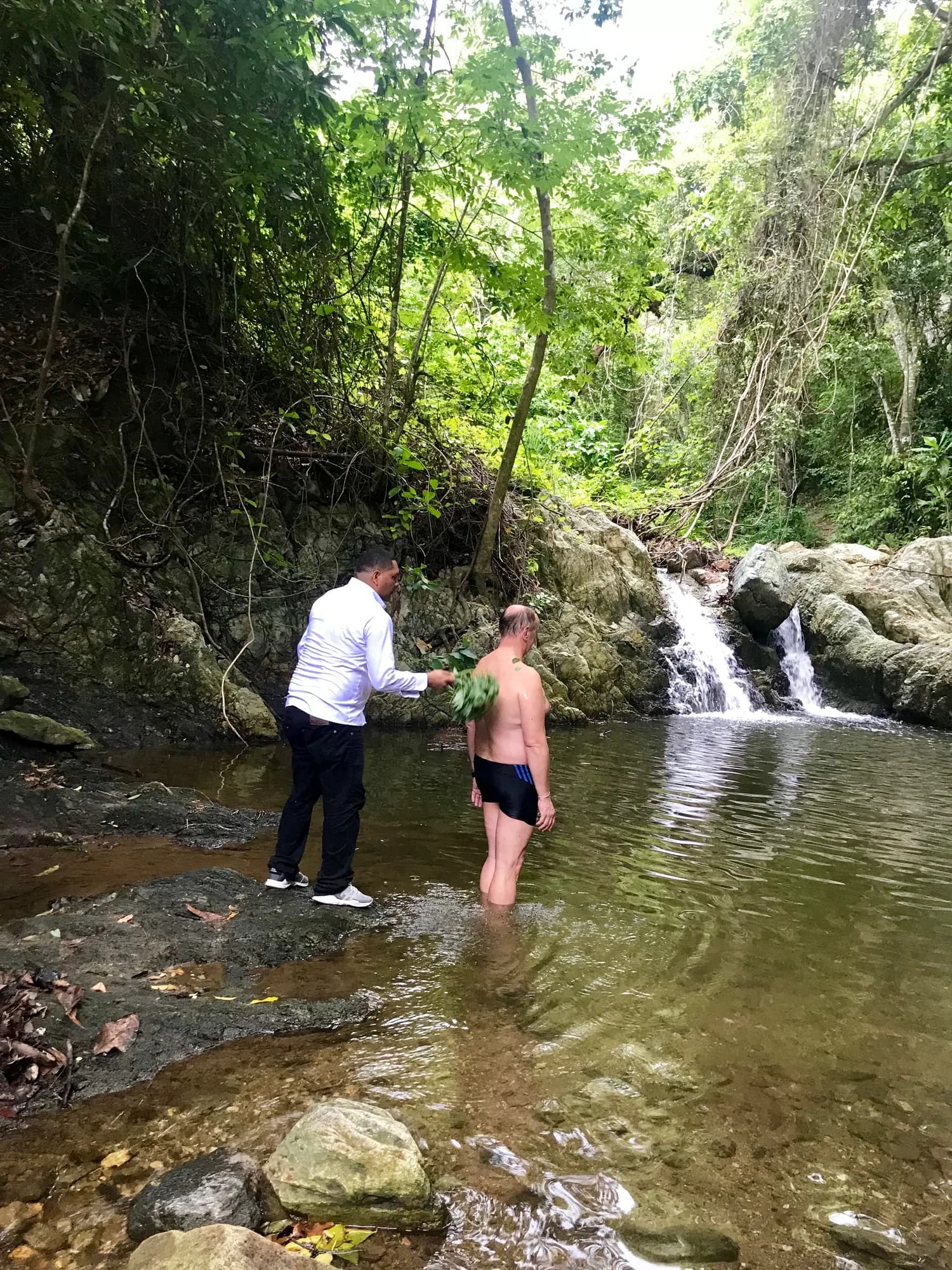 Baño de plantas medicinales en la quebrada de la finca